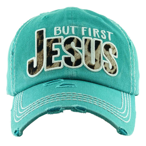KBETHOS Hats Jesus First Christian Life Women's Vintage Baseball Cap (Black Leopard/White Trim) One Size \"But First, JESUS\" Embroidered Distressed Baseball Cap--3 colors