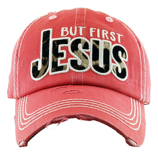 Women But First Jesus Factory Distressed Vintage  Women's Cap Patch-Embroidery