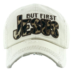 Women But First Jesus Factory Distressed Vintage  Women's Cap Patch-Embroidery