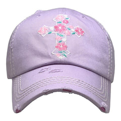 Baseball Cap Adjustable Floral Cross Christian Sunny Beach Cap Hat Womens Lady Distressed Vintage Look