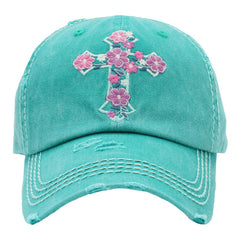 Baseball Cap Adjustable Floral Cross Christian Sunny Beach Cap Hat Womens Lady Distressed Vintage Look