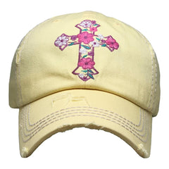 Baseball Cap Adjustable Floral Cross Christian Sunny Beach Cap Hat Womens Lady Distressed Vintage Look