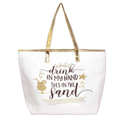 LARGE SUMMER DRINK IN MY HAND TOES IN THE SAND LARGE BEACH BAG TOTE GOLD SUMMER - NoveltyGal