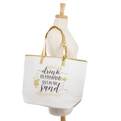 LARGE SUMMER DRINK IN MY HAND TOES IN THE SAND LARGE BEACH BAG TOTE GOLD SUMMER - NoveltyGal