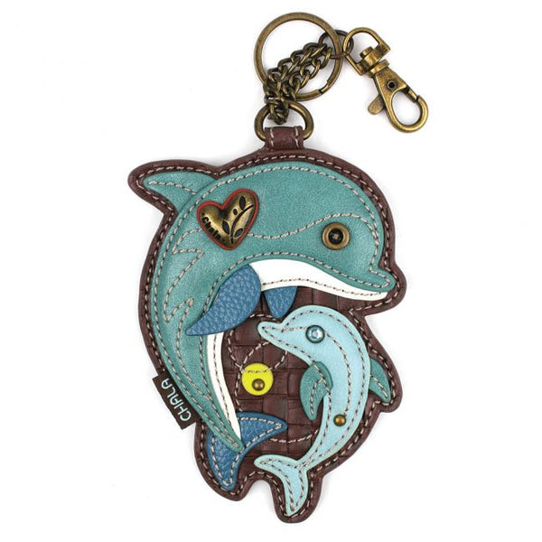 Chala Dolphin Teal Blue White  Brown Key Chain - Coin Purse - Dolphin Lovers - Pet Mom Seaworld Beach Sea Animal