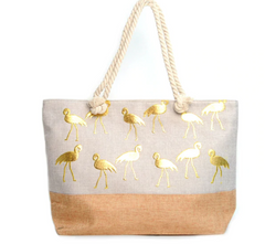 LARGE GOLD FLAMINGO WOMEN TOTE BAG LARGE BEACH BAG TOTE GOLD SUMMER - NoveltyGal