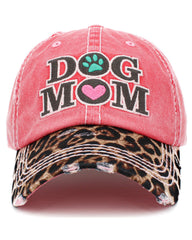 Leopard Print DOG MOM | Factory Distressed Vintage  Women's Cap Patch-Embroidery Hat Baseball