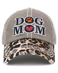 Leopard Print DOG MOM | Factory Distressed Vintage  Women's Cap Patch-Embroidery Hat Baseball