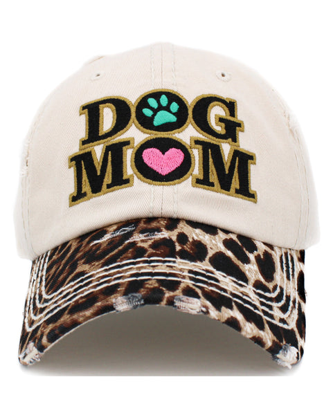 Leopard Print DOG MOM | Factory Distressed Vintage  Women's Cap Patch-Embroidery Hat Baseball