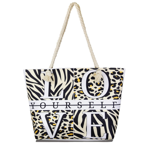 "Love Yourself" Animal Print Large Tote Bag Women Summer Tote Bag Large Beach