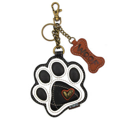 Chala Dog Paw Print Black White Key Chain - Coin Purse - Dog Lovers - Dog Mom